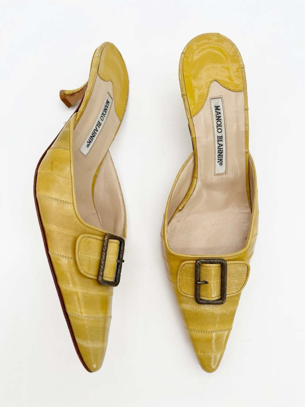Manolo Blahnik Vintage Mustard Eel Skin Buckle Pointed Toe Mule Heels IT 40.5